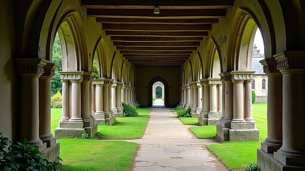 Stone cloister walkway with arched columns and weathered archways forming a covered passageway