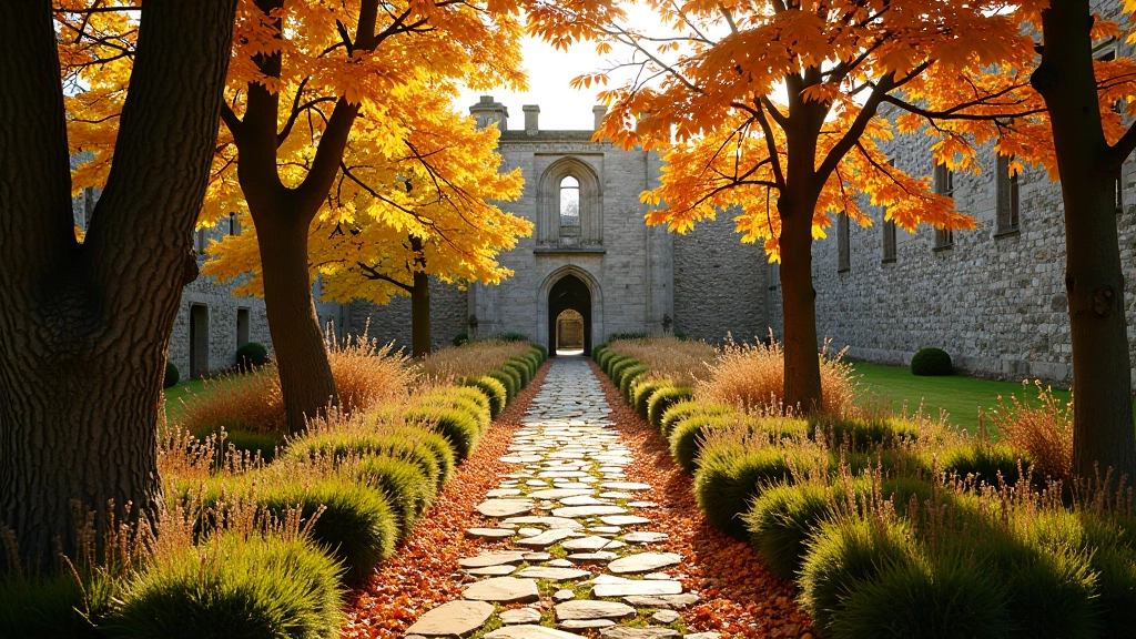 Autumn abbey garden with golden foliage, rust-colored leaves on trees, dormant garden beds, weathered stone pathways, warm afternoon light