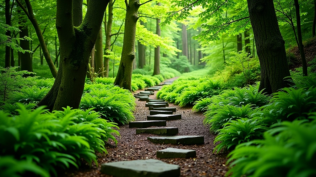 Forest trail with natural stepping stones and woodland path