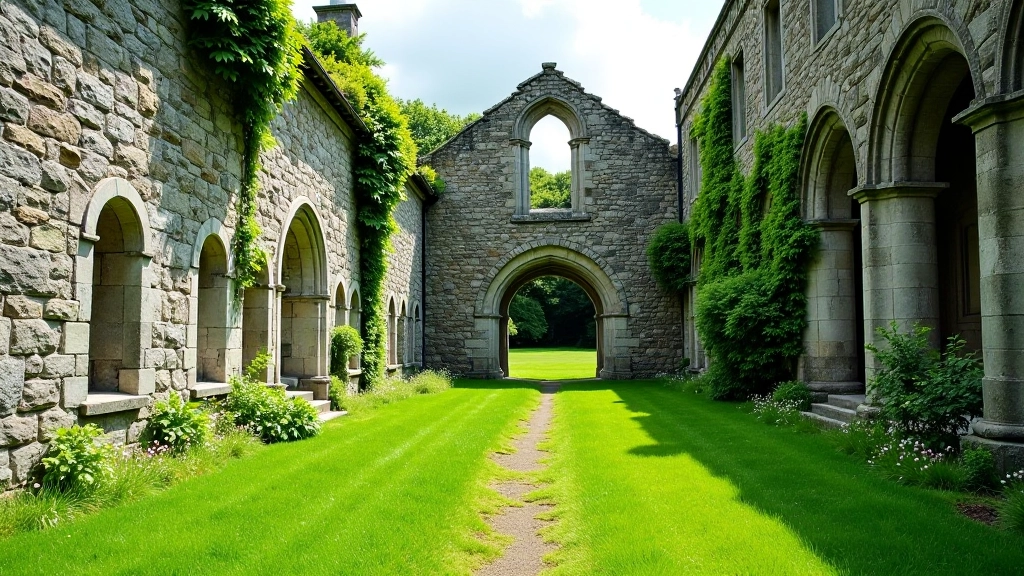 Historic stone abbey ruins with medieval architecture