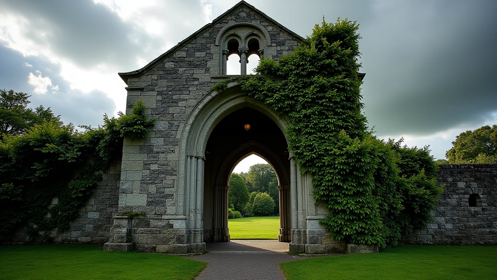 Stone archway entrance to historic abbey ruins, partially overgrown with ivy, dramatic cloudy sky above, weathered masonry visible