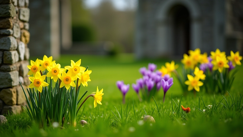 Spring garden with early daffodils and crocuses blooming near ancient stone walls, bright morning light, green emerging foliage