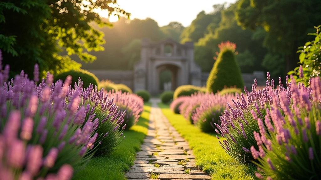 Summer abbey garden in full bloom with roses, lavender, and perennials, stone pathways, warm golden afternoon light