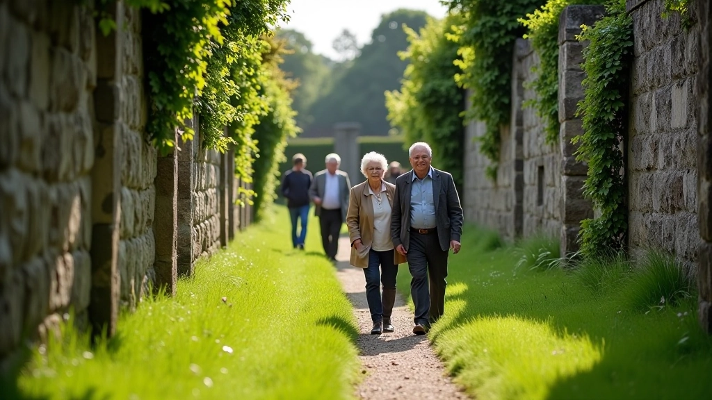 Visitors walking through abbey garden pathways, stone walls, mixed group enjoying peaceful walk, natural daylight